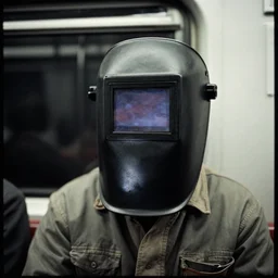 portrait, close - up, welder in welding mask in the subway, by richard avedon, tri - x pan stock