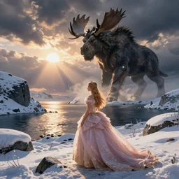 a princess, big monster on the horizon, goya the colossus, snowy fjord, storm clouds, dramatic lighting, hudson river school, afternoon