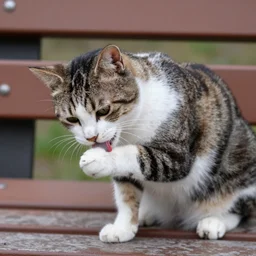a cat licking its paw on a bench