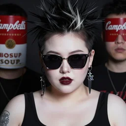 realistic high key portrait photo of a the campbell's soup kid as beautiful chubby curvy pale alabaster goth girl with asymmetrical punk rock hair and badass euro design sunglasses hiding a secret. mole on cheek. half portrait by stanley artgerm, dramatic lighting, by nagel, shin jeongho, nick silva and ilya kuvshinov, deviantart, detailed character design, 8 k resolution