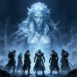 picture of giant female ice revenant, looming a party of five adventurers, highly detailed, detailed face, smooth, sharp focus, high fantasy, horror, chiaroscuro, blue monochromatic, digital painting, artgerm and greg rutkowski and alphonse mucha