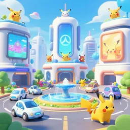 a cartoon and cute future urban city, white buildings + colorful decorative + led billboards + brand logo, cute future vehicles, game center, central fountain, cute pokemon walking on the street, cute scene, dokev, ratchet & clank, overwatch, splatoon 3