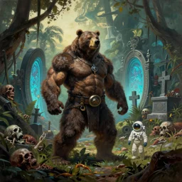 muscular grizzly bear barbarian wrestler and small astronaut in moody frazetta jungle , dead corpses , cyan portal gate , big graveyard,  extremely textured frazetta oil painting panorama dramatic sky backlight