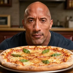 dwayne johnson's face emerges from the middle of a pizza