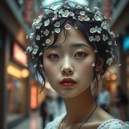 5 0 mm super model portrait, midtown mall, flower entwined hair, martin schoeller, emanuele dascanio, oleg bulakh, id magazine, epic scene, soft dynamic lighting, intricate, detailed, makoto shinkai, takashi takeuchi, studio ghibli, akihiko yoshida, sharp focus, photoreal, 8 k