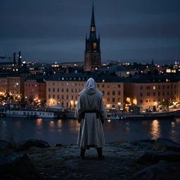 lone jedi looking down on Stockholm, night, trending on artstation, hd, wlop, octane render, HDRI, atmospheric