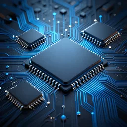 a hyperdetailed abstract render of 3 d microchip circuitry, getty images, black and blue color scheme