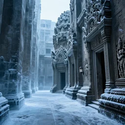 A cold hallway with bluish icy temperature, brutalist architecture mixed with Khmer detailing rendered in the style of Wayne barlowe, high resolution, cinematic, landscape portrait