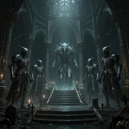 dark fantasy catacombs, inside the infernal hall, undead demon guard figures, ethereal, ominous, dramatic cinematic lighting, volumetric 8 k, cryengine, by h. r. giger and zdizslaw beksinski, elden ring