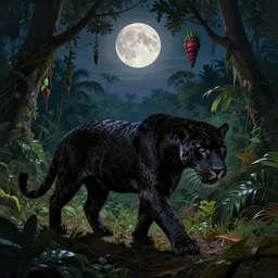 a beautiful matte painting of a black jaguar walking in the jungle at night, with full moon in the sky, ayahuasca