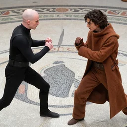 knife-fight duel between bald_hairless_Austin_Butler-dressed-in-black and Timothee_Chalamet_dressed-in-brown-felt, on a mosaic floor, inspired by Dune 2020, detailed faces