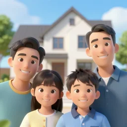 happy family near new house, real estate, blender, render, perfect faces, digital art, closeup, corrected faces, hyper detailed