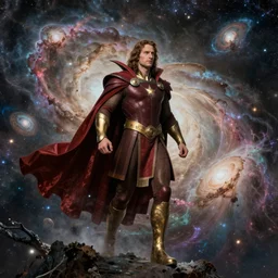 adam warlock imagined by leonardo da vinci travelling across the galaxy, many nebula clouds can be seen on the background
