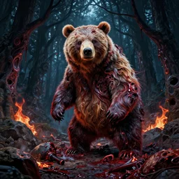 high resolution 4 k goru, blood, furry bears horror made in abyss design bizarre design body a field of cool colors shading war bloody war wounded country bears rock afire explosion billy bob dark forest fractal light through canopy made in abyss body horror narhate bears fluffy cute deformed black sky ziricote ivory brazilian rosewoodart in the style of akihito tsukushi