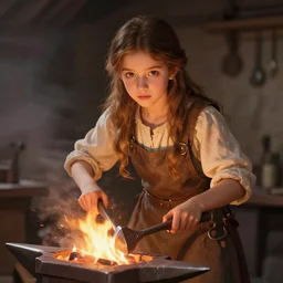 idealistic portrait of a young girl working in a blacksmith's forge, clear eyes, fair skin, beautiful hair, tools in her hands, fantasy art, fire, 8 k digital art, unreal engine, in the style of raphael and francisco de goya,