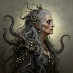 centered beautiful detailed side view profile portrait of a insane, crazed, mad old woman with long grey hair, ornate tentacles growing around, ornamentation, thorns, vines, tentacles, elegant, beautifully soft lit, full frame, by wayne barlowe, peter mohrbacher, kelly mckernan, h r giger
