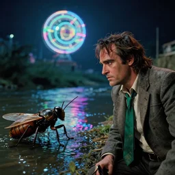 the wide shot of unkempt drunkard ( ( ( ( ( ( joaquin phoenix ) ) ) ) ) ) with sideburns worn in old grey jacket with emerald tie, looking at thee huge insect near the river, movie with cinematography of christopher doyle, neon light, discoball, anamorphic, optical flares, award - winning photo, kodak film, masterpiece, 8 k