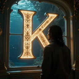 a black man with long curly hair, with his back turned, looking at a victorian window, on deep sea, a big glowing letter K on the wall, + Cinematic Lighting + Deep Shadows + Hyper Realistic + Hyper Maximalist + Maximalist Composition + Intricate Details + Rendered in Octane + Trending on Artstation + Hall of Fame on Cgsociety + 8K portrait + 8k Post-Processing Highly Detailed + Rendered by Octane Engine + 8K Artstation 8k Detail Post Processing + Octane Render