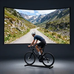 a man riding his stationary futuristic bike in front of a giant curved monitor displaying a bike trail thru a mountain pass