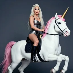 professional studio portrait of lady gaga riding a unicorn, 4 k