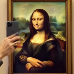 mona lisa taking a selfie painting by leonardo da vinci