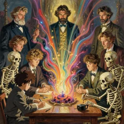 painting by rhads, sargent and leyendecker and greg hildebrandt, apollinaris vasnetsov, savrasov levitan polenov, studio ghibly style mononoke, skeletons, they are in front of a desk working on a new dark spell that is casting out flowing energy, colorful, flowing energy, light rays, medium shot, waist up, sharp, concept