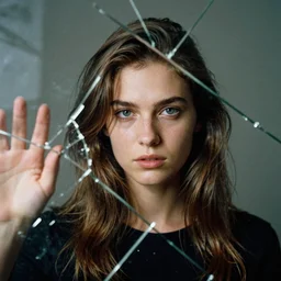 a realistic photographic image of a  young woman behind a broken glass looking at camera, photographic style of Avedon, dramatic colors lighting, real ungine, volumetric lighting