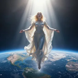 godess of artificial intelligence floating above the planet earth, sharp focus, god rays, volumetric light, by greg rutkowski, by greg manchess, by wayne barlowe, by emil melmoth, cinematic, light from above, cinematic shot,