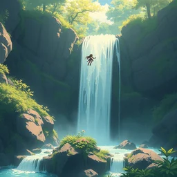 waterfall in the wild, with anime character floating over the waterfall, trending on artstation, eiichiro oda style
