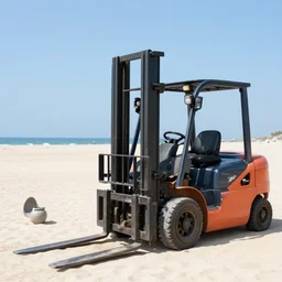 forklift in the background, on the beach, sunny day, vacation, photo, ultra realism