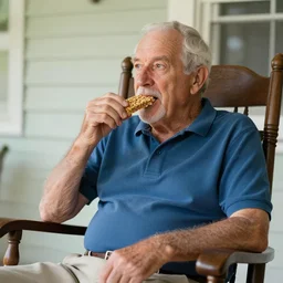 old man with a polo eating a granola bar on a rocking chair, photorealistic