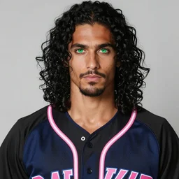 handsome!! hyper realistic man with long black curly hair, tan skin, ( ( ( grassy ) ) ) colored iris ', green eyes!!!, anchor goatee | wearing unbuttoned, open, black! & blue!! & pink!! baseball jersey | art by hirohiko araki & jean giraud & artgerm