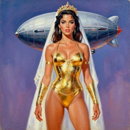 sc - fi movie poster from the 3 0's, young bride dejah thoris, gold bikini armor, alien zeppelin, acrylic painting, by leyendecker