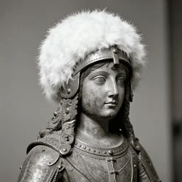 realistic photo of a a medieval antique old wooden sculpture of a girl dressed white spherical fluffy hat helmet, greyscale 1 9 9 0, life magazine photo, natural colors, metropolitan museum, kodak