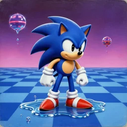 retro game advertisement for sonic the hedgehog in a surreal, faded, detailed professional, totally radical, high quality airbrush art shpongle album cover of a liquid dissolving lsd dmt sonic the hedgehog on a flat blue checkerboard plane, 1 9 9 0 s 1 9 9 2 prerendered graphics raytraced phong shaded album cover