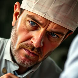 low angle of the butcher's face, closeup of a butcher working