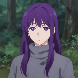 illustration by shigenori soejima, by tatsuki fujimoto, by yoji shinakawa, girl, middle - parted long straight grape purple hair, grey turtleneck coat, forest background, focus on face, pretty, moody lighting, painterly