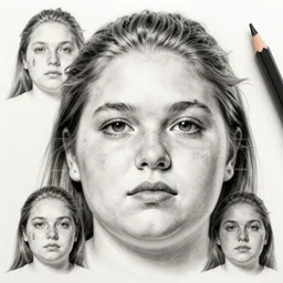 colored pencils female character face study of bill hicks, fat woman, 5 5 yo, clear faces, emotional, character sheet, fine details, concept design, contrast, kim jung gi, pixar and da vinci, trending on artstation, 8 k, 3 6 0 head, turnaround, front view, back view, ultra wide angle