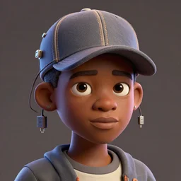 caricature style - portrait - art of a nigerian boy wearing a baseball cap with wires and computer chips dangling from inside, character concept art, art style by frank frazetta & james jean, vfx art, volumetric light, ray tracing, digital illustration, colourful, claymation, unreal engine render, sharp, intricate detail, behance, artstation, pinterest,