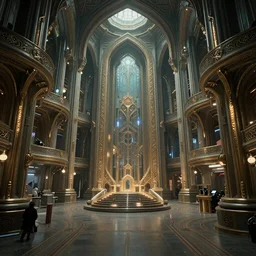 cinematic shot of the interior of a sci-fi spaceship with ornate elven architecture, style of Roger Dean, style of Chris Foss