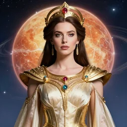 portrait of the powerful queen of the solar system in the style of anna dittmann and in the style of bob eggleton. glowing, ornate and subtle, stunning, dynamic lighting, intricate and detailed.