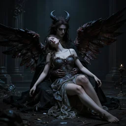 fallen angel in the arms of satan darkness surrounds them