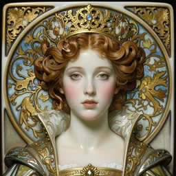beautiful young medieval queen by james jean, jean delville, iris van herpen, raymond swanland and alphonse mucha, face centered portrait, highly detailed, hyper - real, smooth polished porcelain,, art nouveau, ornate gothic icon with heavy patina
