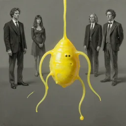 human amoeba by gerald brom and norman rockwell and gil elvgren and greg rutkowski and magali villeneuve, chiaroscuro!!, opaque yellow liquid, floating, tendrils, ooze, hyperrealism, surrealism