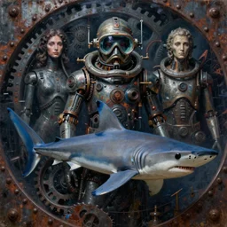 blue, grey, hammerhead shark!!!!, mold, dark, gothic, cyber, fantasy, rust, metal, rivets, cogwheel, human, creature, mannequin, machinery, scuba mask, by giger, masahiro ito, junji ito, rough oil paint, underpainting, highlights, john signer sargent, dean cornwell, zaku