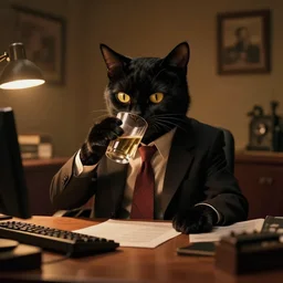 detective anthropomorphic cat wearing a tie and no jacket is drinking from a glass at his office, 3 d scene, zenith view, warm color palette, night time, dramatic lighting, noir film, fine details, high contrast, blacksad, juan diaz canales, juanjo guarnido, greg rutkowski, trending on artstation, 8 k, ultra wide angle