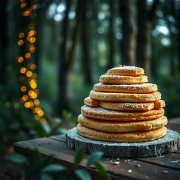 5 5 mm photo of a pile of freshly baked sponge cake on a wooden table in a magical forest. dof. bokeh. magical atmosphere. art by greg rutkowski. highly detailed 8 k. intricate. lifelike. soft light. nikon d 8 5 0.