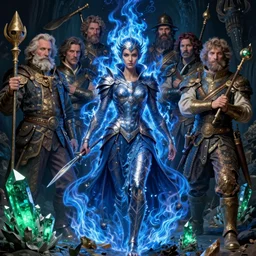 the female arcanist and the male artificer by zacharias aagaard and albert bierstadt and gerald brom and zdzisław beksinski and james gilleard and wayne barlowe and marc simonetti and jean delville, beautiful, highly detailed, hyperrealistic, intricate, energy, electricity, blue flame, low light, green crystal, high contrast