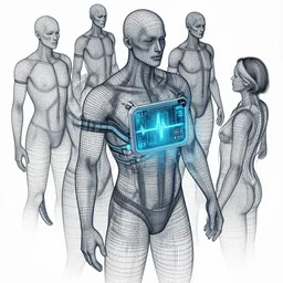 hyper - detailed, intricate detail, many human torso wireframe connected by intracate lines, isometric layout!, sensors, dashboard, heartbeat, high detail, precise lines, angular, vector, biometric sensors, technical diagram, wearables, glowing, future