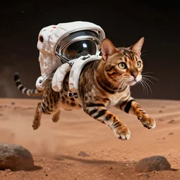 bengal cat flying open space in space suit to the mars, cinematic, ultra realistic